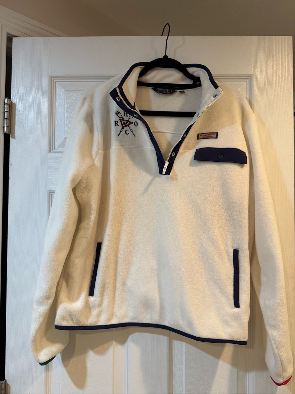 Vineyard Vines Cream Fleece Pullover with Navy Trim
